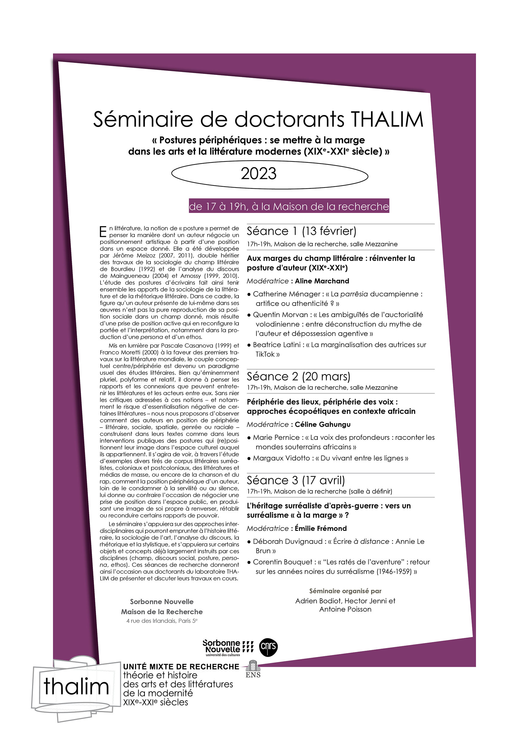 Séminaire de doctorants Thalim 2023 : « Postures périphériques : se mettre à la marge dans les arts et la littérature modernes (XIXe-XXIe siècle) »
