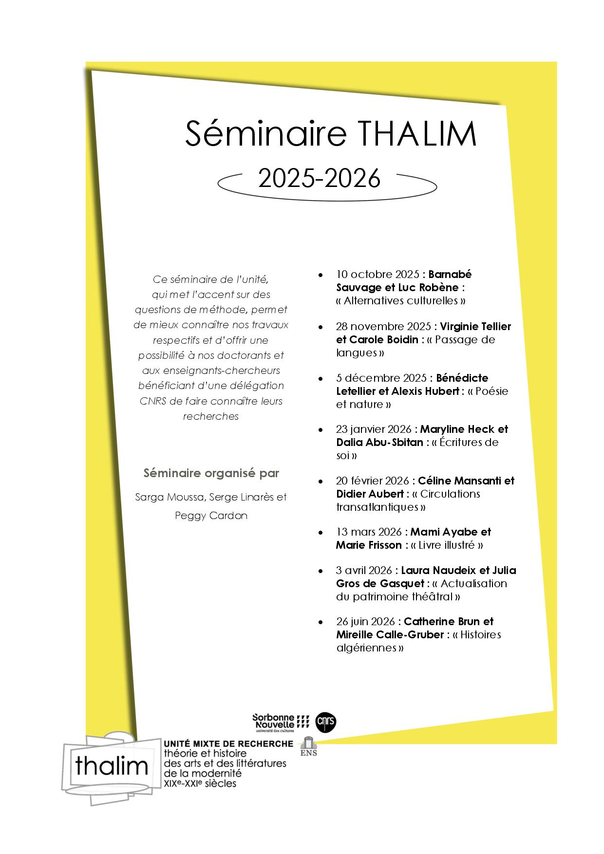 Aspects de la recherche dans l’unité : Séminaire Thalim (2025-2026)
